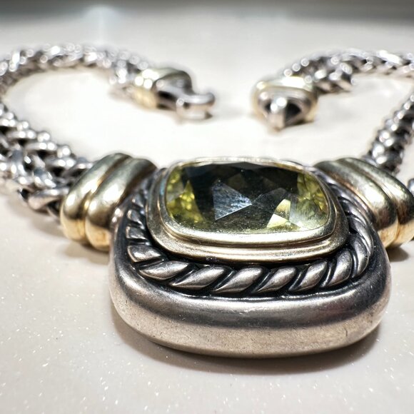 David Yurman Gold & Sterling Double Wheat Chain Collar Necklace with Citrine Pen